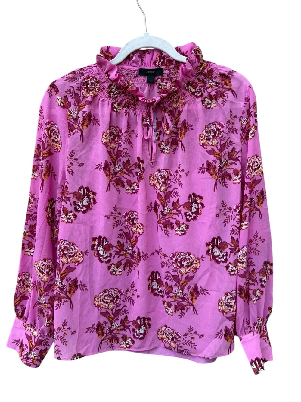 J. Crew Pink Floral Tie-Neck Smocked Blouse